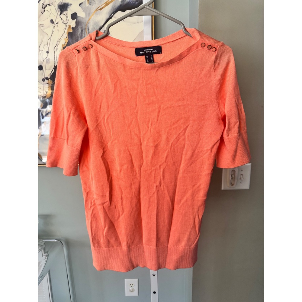Lands End‎ Outfitters Womens XS Coral Peach Short Sleeve Button Shoulder Sweater